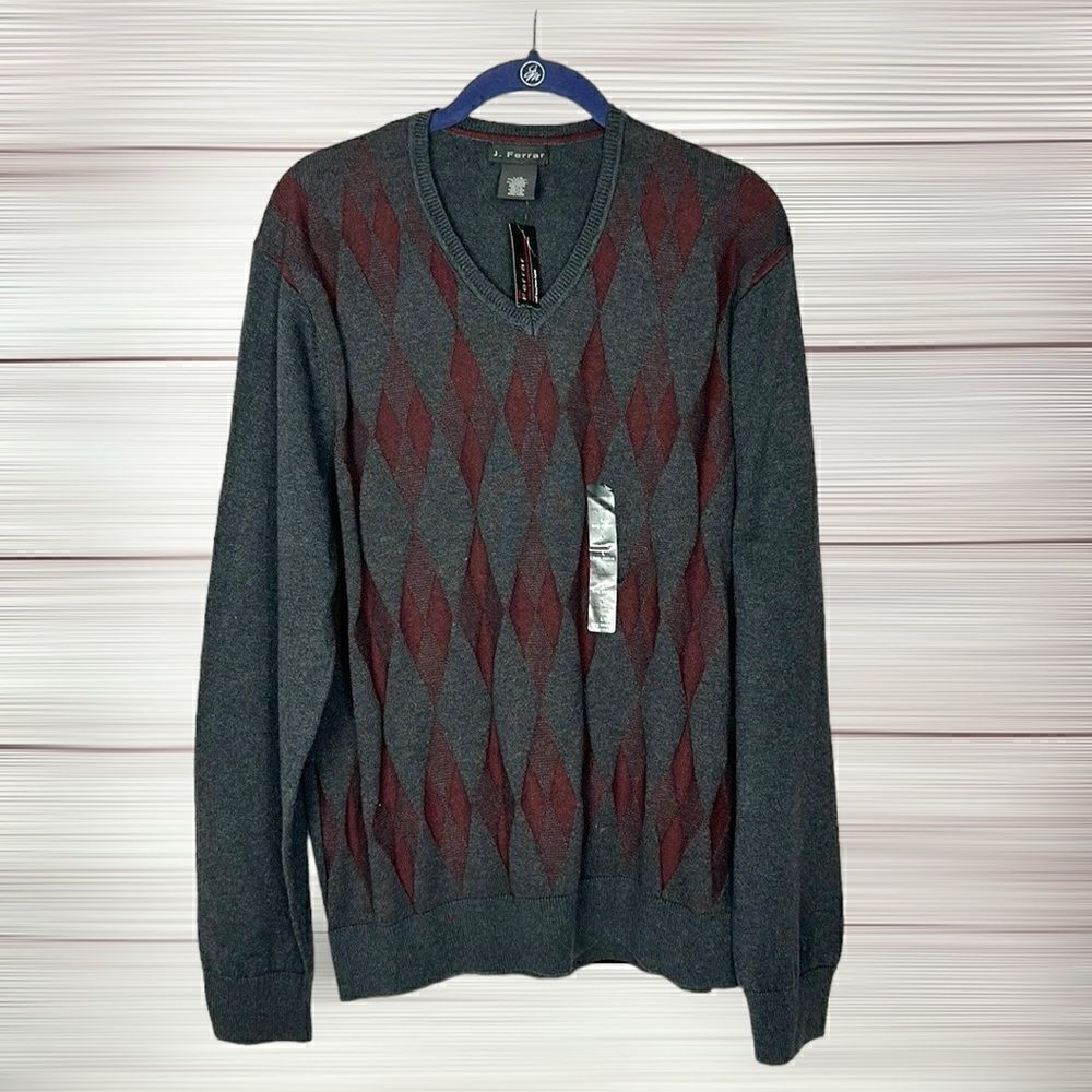 NWT J. Ferrar V-neck Sweater Gray Burgundy Argyle Pullover Cotton Cashmere L
